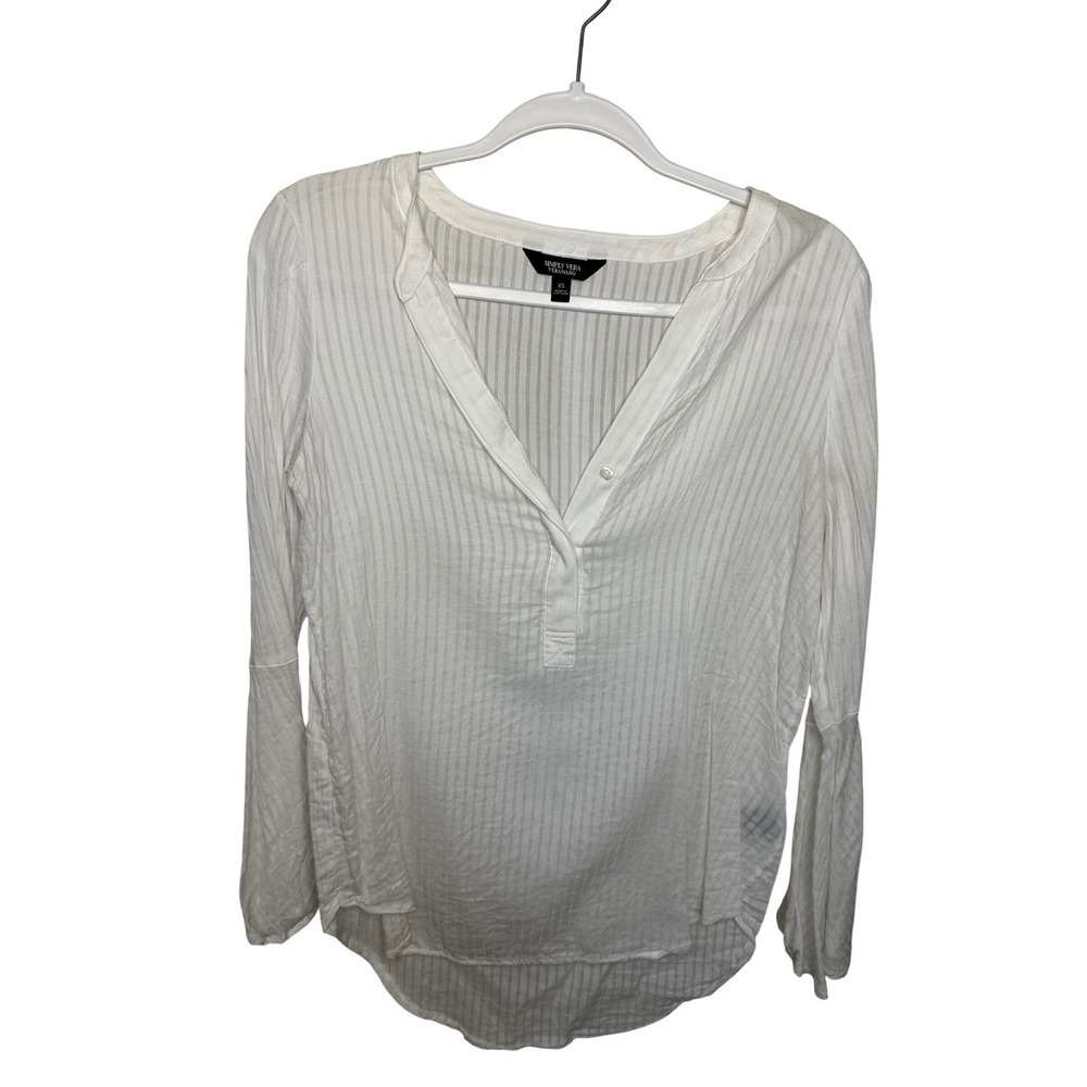 Simply Vera Vera Wang White Striped‎ Bell Sleeve Blouse XS Split Neck Top